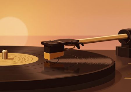 A record player with a vinyl record playing a song is shown up close, representing the celebration of World Music Day and the love for analog sound technology in minimal style.の素材