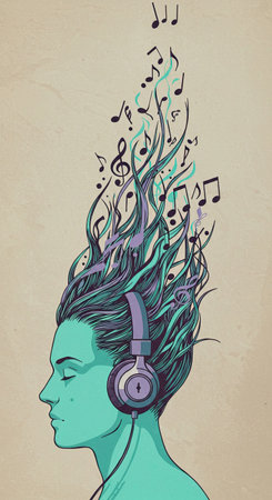 Illustration of a woman with headphones and musical notes flying from her hair. Concept of enjoying music and sound. World Music Day poster or banner asset.の素材