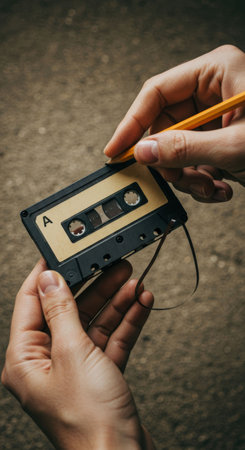 Man using a pencil to rewind a retro audio cassette. Close-up of hands handling old technology. Concept of nostalgia, vintage musicの素材
