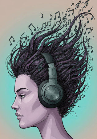 Illustration of a woman with headphones and musical notes flying from her hair. Concept of enjoying music and sound. World Music Day poster or banner asset.の素材