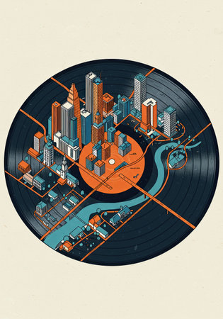 City skyline and river on a vinyl record illustration. Music city concept design. Creative urban landscape on a classic album. World music day or concert promotion image.の素材