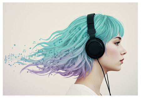 Woman with colorful hair wearing headphone listening to music as musical notes float from her hair. Musical concept idea. World Music Day theme.の素材