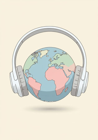 Earth with headphones on. Global music communication abstract concept. Universe of sound and melody. World Music Day celebration background.の素材