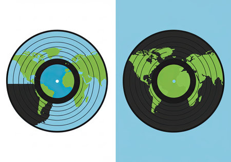 Two stylized earth maps on vinyl records on divided background. Concept of World Music Day and global music connection for web design or social media content.の素材