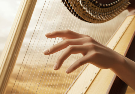 Woman playing harp close up with fingers on strings generating beautiful relaxing sound of music instrument for performance or meditation conceptの素材