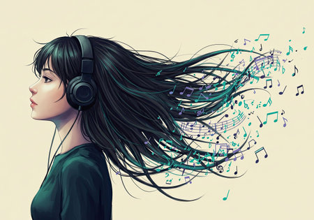 Illustration of a woman with headphones and musical notes flying from her hair. Concept of enjoying music and sound. World Music Day poster or banner asset.の素材