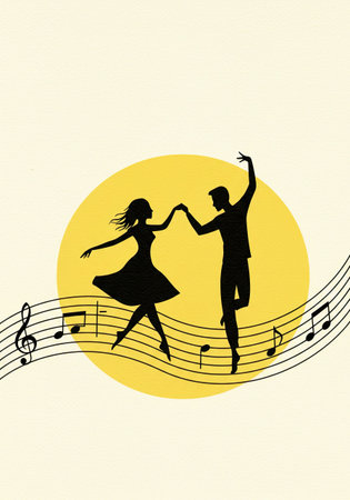 Silhouette of a woman and man dancing intertwined with music notes on a music staff. in front of a yellow sun for world music day celebration..の素材