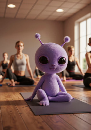 Cute purple alien creature doing yoga on mat in class with woman. UFO day or world extraterrestrial day concept.の素材