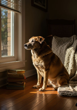 A brown dog sits by a window, bathed in sunlight. Loyal companion concept for pet care and companionship. Dog day.の素材
