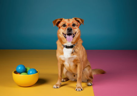 Happy cute dog wearing orange glasses and sitting near a yellow bowl with blue and green balls. Concept of smart pet for pet store.の素材