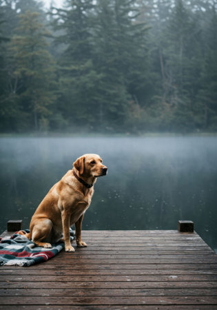 Golden retriever dog sitting on a wooden dock by a misty lake with forest in background at sunrise. Dog day concept.の素材