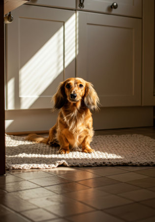 Long haired dachshund dog sitting on a rug in kitchen. Puppy pet portrait. Domestic animal at home on Dog day.の素材