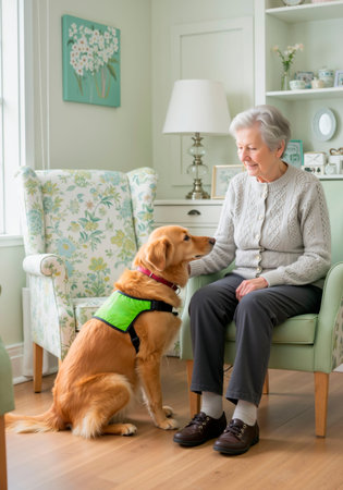 A woman petting her golden retriever service dog with a green vest. Therapy dog providing assistance and companionship. Dog day concept.の素材