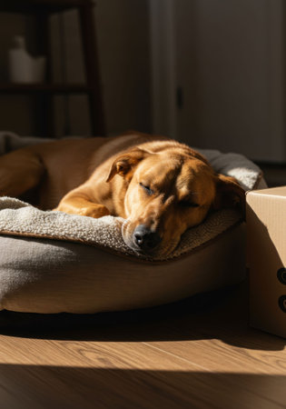 A golden retriever dog sleeping soundly and peacefully in its soft bed on the floor, receiving warm sunlight. Domestic pet rest.の素材