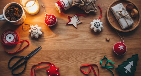 Woman decorating small Christmas tree with red ornament. Trendy Christmas 2026 concept for winter holiday celebration and festive season.の素材