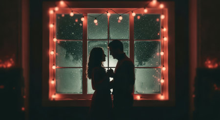 Woman stretching arms in cozy Pajamas with Christmas tree lights glowing background. Christmas morning, New Year or holiday celebration concept.の素材