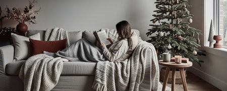 Woman standing by window looking outside on Christmas morning in pajamas, holding mug. Holiday cozy home scene for winter leisure.の素材