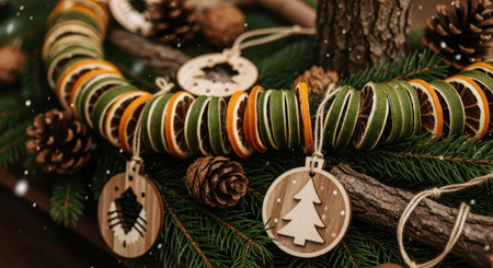 Close up of Christmas ornaments with candy cane, lollipop, and colorful pom poms. Holiday decoration for festive season.の素材