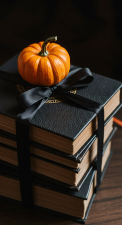 Small autumnal pumpkin on black vintage books tied with a ribbon. Dark academia concept for Halloween holiday.の素材