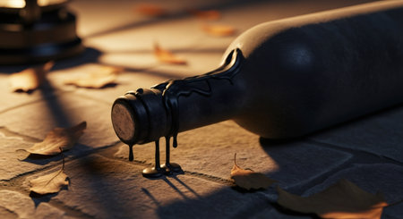 Dark bottle with dripping wax seal on autumn ground. Spooky halloween decoration for celebration. Gothic aesthetic.の素材