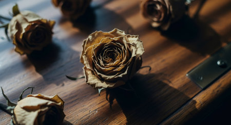 Dry roses on a wooden table. Dark academia aesthetic. Halloween and vintage mood for gothic design.の素材