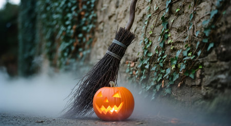 Jack-o-lantern and witch broomstick on dark spooky street with ivy-covered wall. Mysterious Halloween night scene for party invitation.の素材