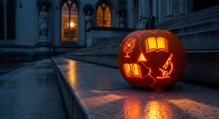 Carved pumpkin with science and book symbols on dark stone steps of a building. Halloween and dark academic concept.の素材