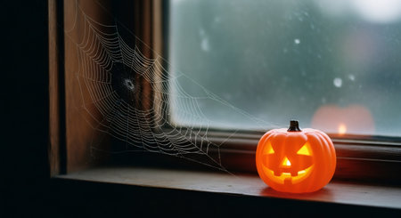 Halloween decorative pumpkin glowing on a window sill with a spider web. Spooky holiday background.の素材