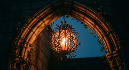 Stone archway with glowing ancient lantern. Gothic architecture and old building exterior. Dark academia style for Halloween.の素材