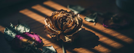 Dry rose on wood table. Still life with faded flower. Dark academia and gothic aesthetic. Halloween mood.の素材