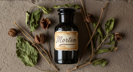 Dark vintage bottle labeled mortum with dried leaves and seed pods for Halloween, dark academia, and botanical concepts.の素材