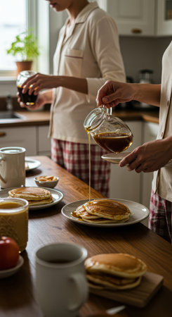Two women having breakfast. One woman pouring syrup on pancakes. Cozy morning in pajamas, with homemade breakfast, for casual lifestyle.の素材