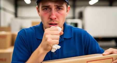 Man with red sore eyes and nose holding tissue, sick at work. Concept of illness and carrying disease to work. Seasonal flu.の素材