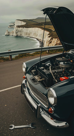 Closeup of the hood of a vintage car on the road.の素材