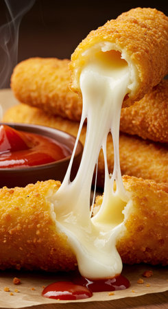 Golden fried mozzarella stick breaking apart with strings of melted cheese oozing out, accompanied by dipping sauce for street food meal.の素材