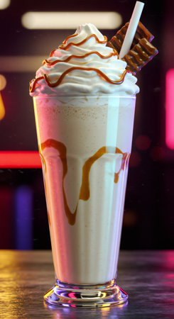 Caramel milkshake with whipped cream and chocolate bar. Sweet dessert for cafe menu or fast food restaurant. Drink for summer party.の素材