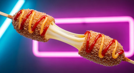 Korean hot dog with mozzarella cheese stretch. Delicious street food and fast food concept for cafe menu or eating background.の素材