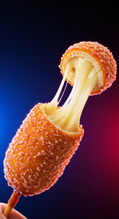 Korean corn dog with stretchy mozzarella cheese on a stick against a dark background with blue and red light for street food menu.の素材