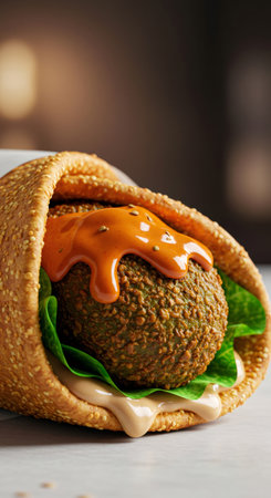 Delicious falafel burger with sauce and leaf in pita bread, close-up shot for food photography concept and restaurant menu.の素材