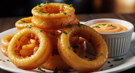 Golden crispy onion ring with creamy dipping sauce. Appetizer fast food snack served on plate. Delicious fried snack.の素材