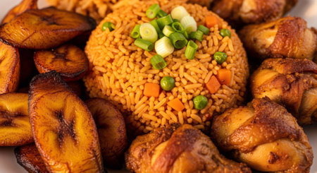 Jollof rice with fried plantain and chicken. African cuisine closeup. Delicious traditional food for a meal.の素材