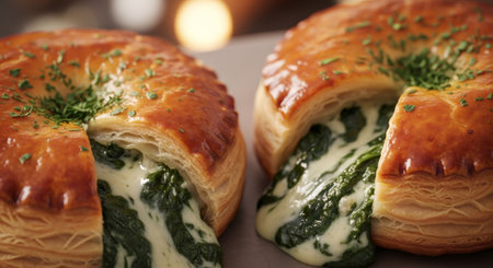 Puff pastry turnover with creamy spinach filling oozing out, fresh from the oven, showcasing delicious street food concept.の素材