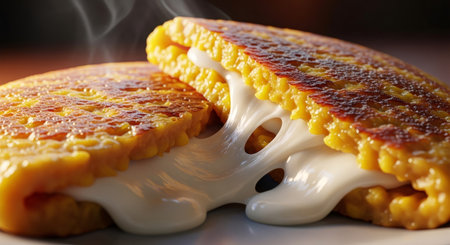 Hot corn pancake with melted cheese stretching. Savory street food dish. Delicious fast food for a snack, lunch or dinner.の素材