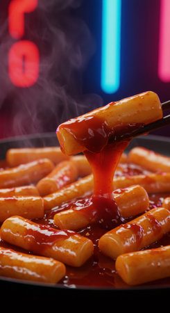 Steaming korean tteokbokki rice cake with red sauce being picked up by chopsticks. Spicy asian street food in night market setting. Fast food concept.の素材