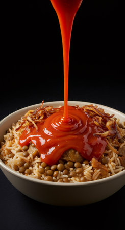 Tomato sauce pouring over a bowl of egyptian koshary with rice, macaroni, lentils, and fried onion. Traditional street food and fast food concept.の素材