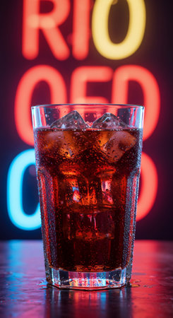 Glass of cold dark soda with ice and condensation on a bar table. Drink with bright neon background for bar menu designの素材