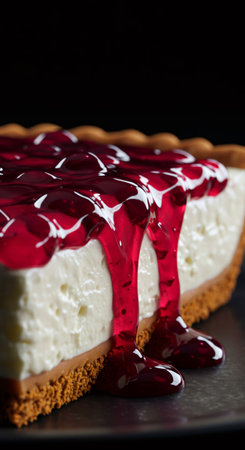 Cheesecake slice with bright red berry or cherry topping sauce dripping down. Dessert sweet pastry for cafe menu or food blog.の素材