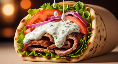 Delicious gyros with meat, lettuce, tomato, and onion, topped with tzatziki sauce, concept of traditional street food.の素材