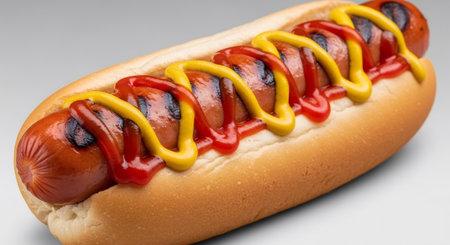 Classic hot dog with grilled sausage, ketchup, and mustard on a bun. Casual street food meal for advertising and menu design.の素材