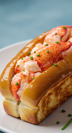 Delicious lobster roll with fresh green onion. Seafood sandwich as street food or snack. Gourmet lunch appetizer.の素材